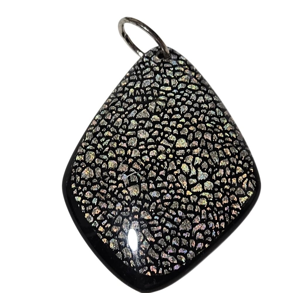 Art Deco Black Silver Iridescent Glass Pendant Abstract Mosaic Diamond Shape DIY